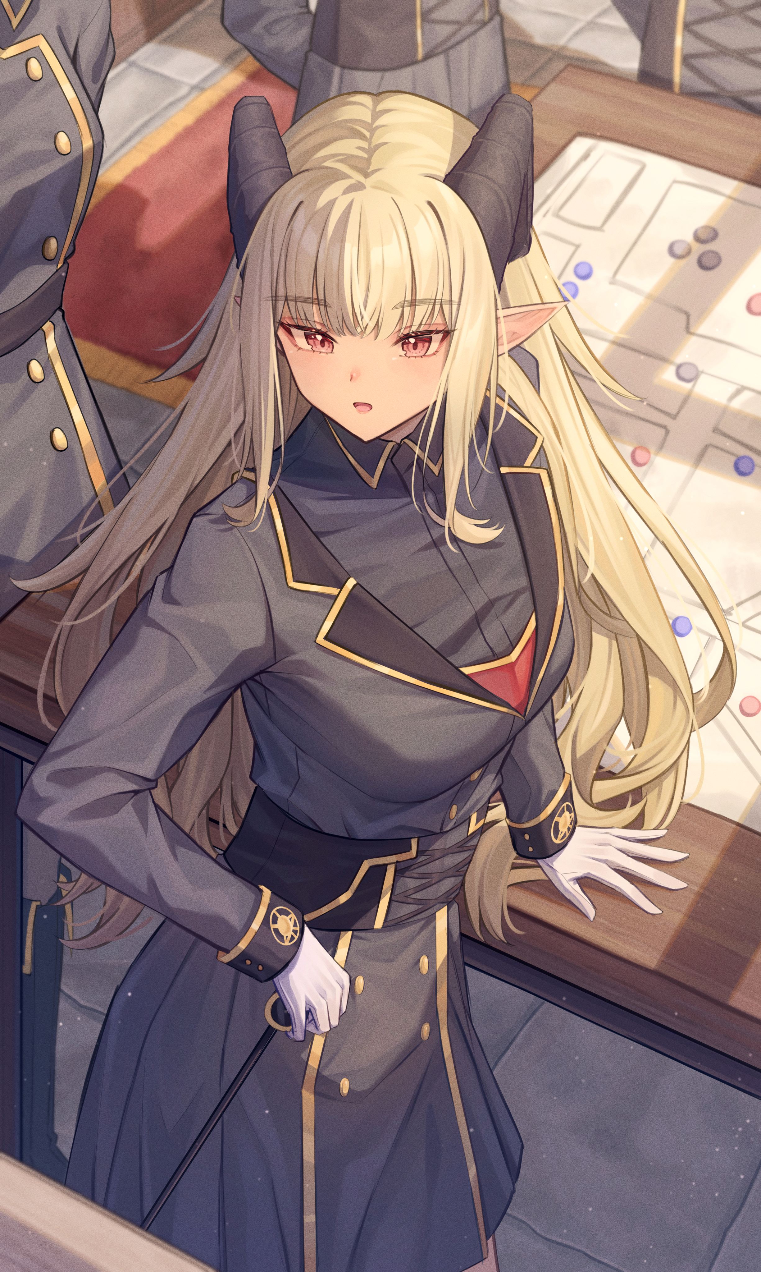 isana615, original, absurdres, highres, 1girl, arm support, black coat, black shirt, black skirt, blonde hair, carpet, coat, corset, elf, gloves, horns, long hair, map, meeting, military uniform, open mouth, pointy ears, red eyes, serious, shirt, skirt, stone floor, table, very long hair, white gloves