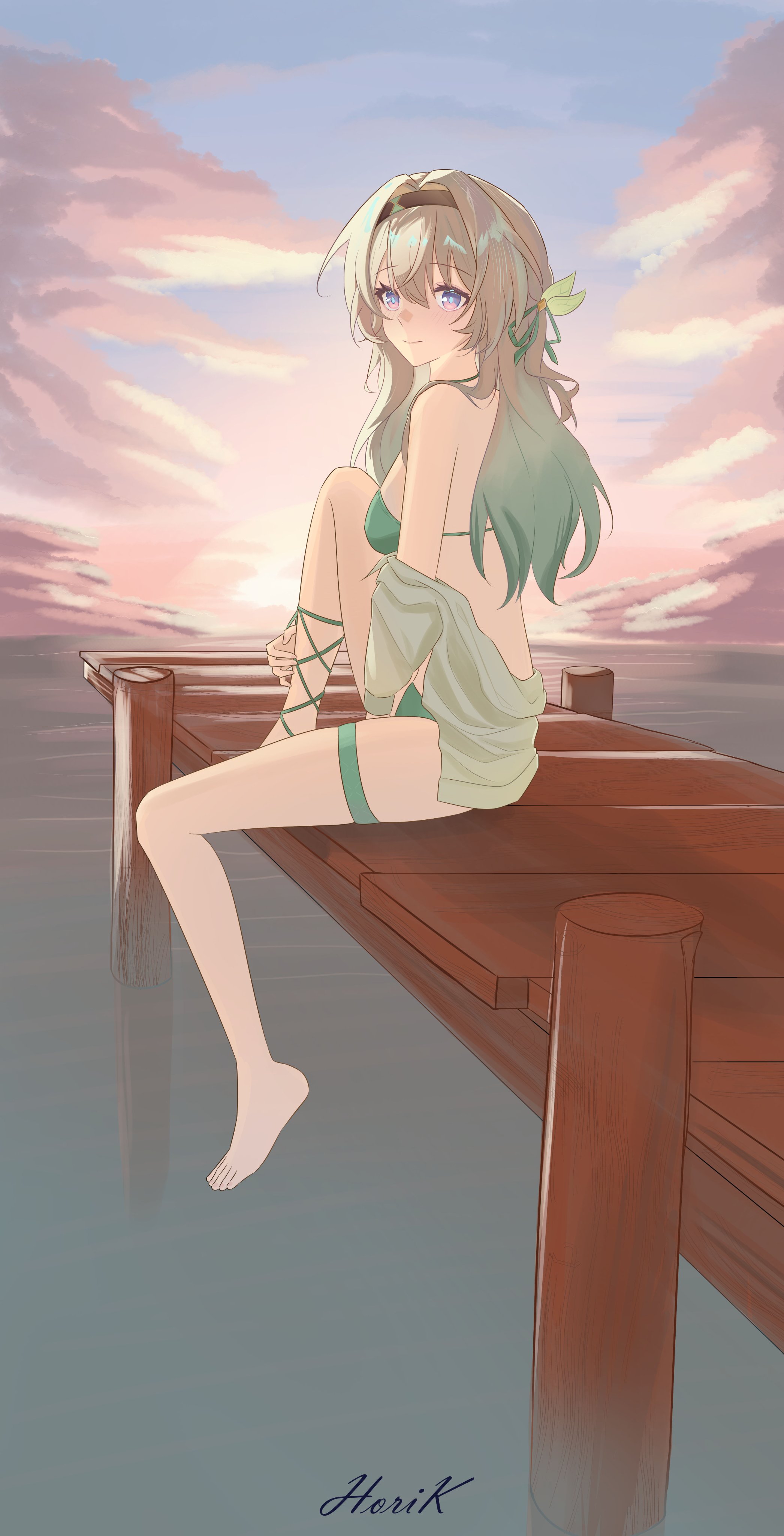 horik 22, firefly (honkai: star rail), honkai: star rail, honkai (series), absurdres, highres, 1girl, ankle lace-up, aqua bikini, aqua ribbon, barefoot, bikini, black hairband, blue pupils, blush, closed mouth, cloud, cloudy sky, dock, grey hair, hair between eyes, hair intakes, hair ornament, hair ribbon, hairband, long hair, multicolored eyes, ribbon, sitting, sky, smile, solo, swimsuit, thigh strap, twitter username