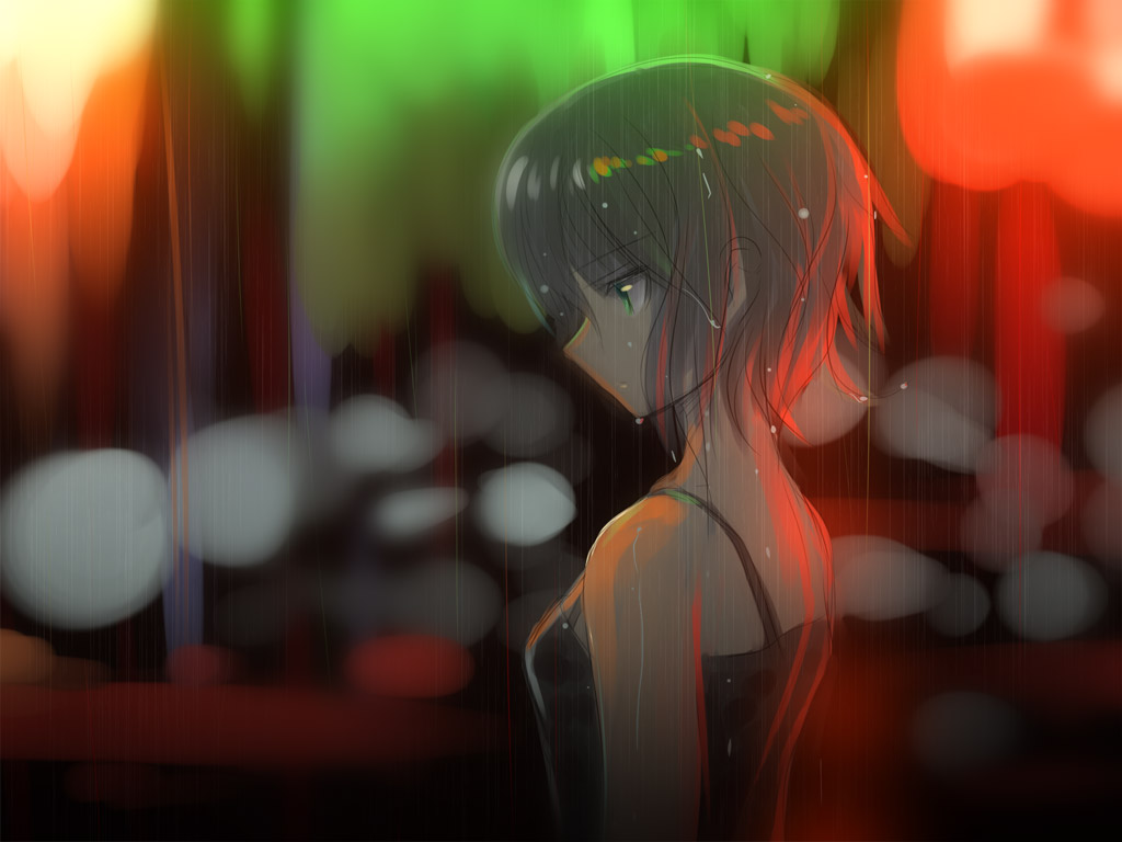 kakaon, nagato yuki, original, bad id, bad pixiv id, blurry, bokeh, depth of field, from side, green eyes, grey hair, outdoors, rain, short hair, solo, wet, wet hair