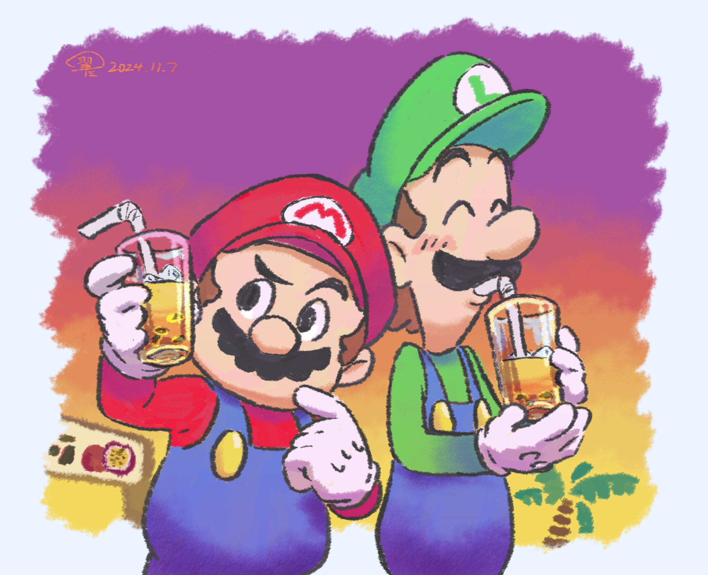 luigi, mario, mario & luigi rpg, mario (series), nintendo, highres, 2boys, blue overalls, brothers, brown hair, closed eyes, dated, drinking, drinking straw, facial hair, gloves, green hat, hat, male focus, multiple boys, mustache, overalls, palm tree, red hat, siblings, sunset, tree, vina (silance), white gloves