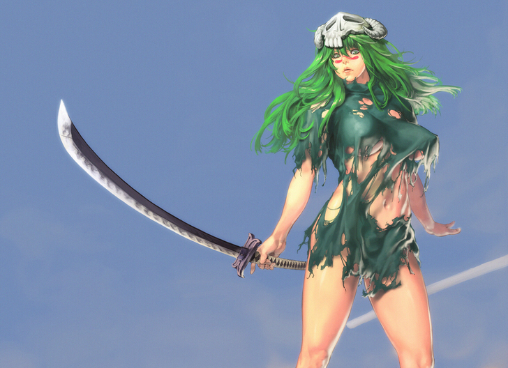 madness (pixiv), nelliel tu odelschwanck, bleach, bad id, bad pixiv id, 00s, 1girl, arrancar, facial mark, female focus, green hair, helmet, hollow (bleach), katana, long hair, number tattoo, revealing clothes, skull, solo, sword, tattoo, torn clothes, weapon