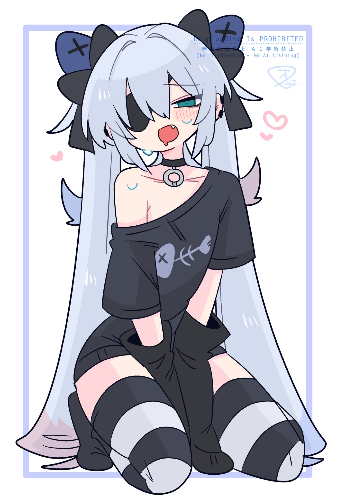 op na yarou, original, commentary, highres, 1boy, :o, arm warmers, arms between legs, black bow, black choker, black shirt, black thighhighs, blue eyes, blue hair, blush, bow, choker, collarbone, colored tips, crossdressing, crossdressing (mtf), drooling, earclip, eyepatch, fang, fish skeleton, fish skeleton print, flipped hair, full body, hair between eyes, hair bow, hair intakes, heart, long hair, looking at viewer, male focus, multicolored hair, narrowed eyes, no nose, no pants, no shoes, one eye covered, open mouth, print shirt, quad tails, raised inner eyebrows, red hair, rigel (op na yarou), seiza, shirt, sidelocks, simple background, single bare shoulder, single off shoulder, sitting, solo, straight hair, striped clothes, striped thighhighs, t-shirt, thighhighs, thighs, trap, v arms, very long hair, watermark, white background, white hair, white thighhighs