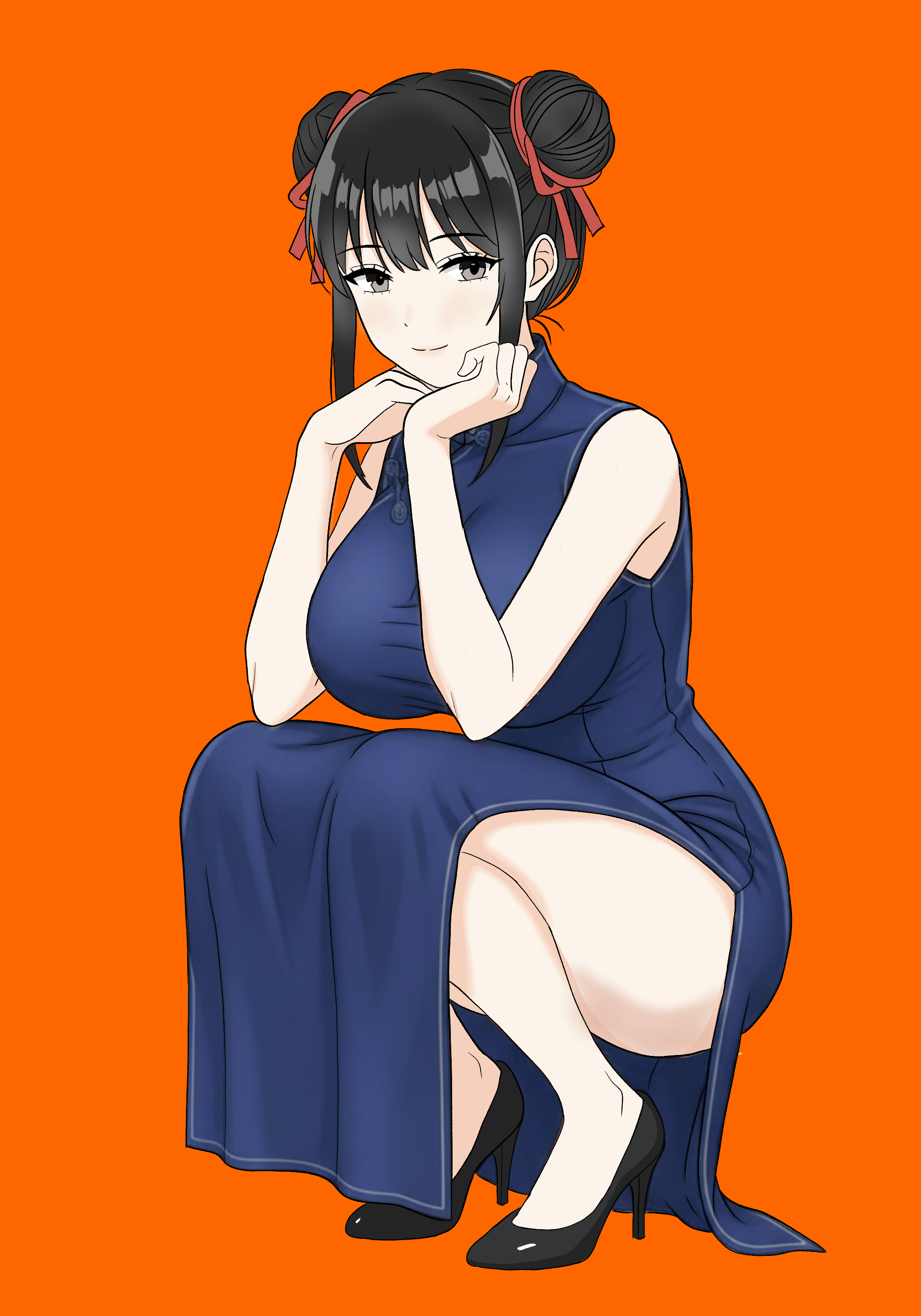 original, absurdres, highres, 1girl, black eyes, black hair, blue dress, breasts, china dress, chinese clothes, double bun, dress, hair bun, hand on own chin, high heels, large breasts, light smile, looking at viewer, pale skin, rakuo cafeaulait, red ribbon, ribbon, sidelocks, simple background, sleeveless, solo, squatting, thigh focus, thighs