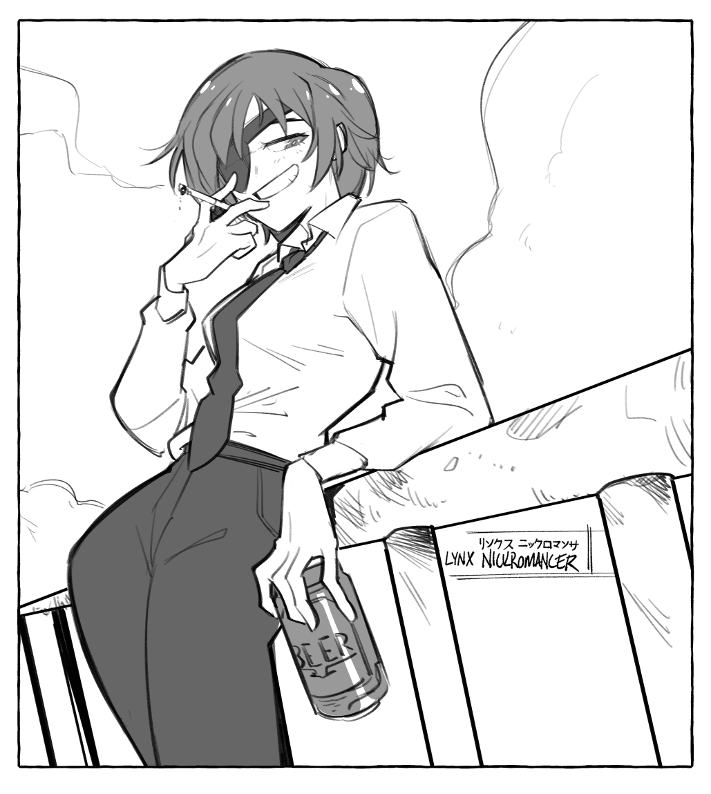 cheesecakes by lynx, himeno (chainsaw man), chainsaw man, 1girl, against railing, beer can, can, cigarette, cloud, collared shirt, drink can, eyepatch, greyscale, grin, holding, holding can, holding cigarette, long sleeves, monochrome, necktie, outdoors, pants, railing, shirt, smile, solo, white shirt