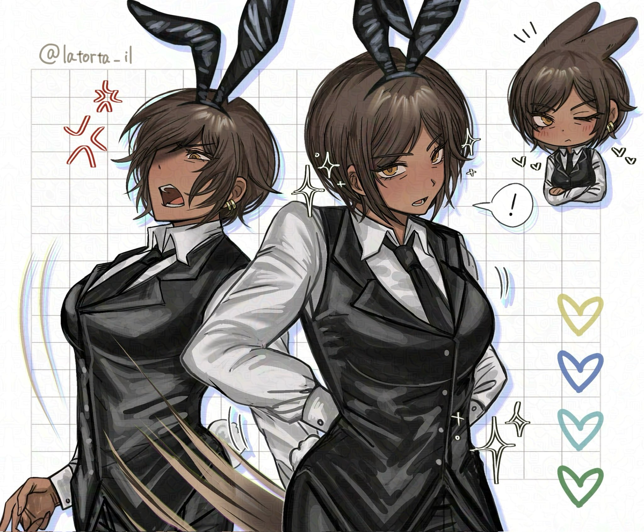 latorta il, outis (project moon), limbus company, project moon, commentary, highres, symbol-only commentary, !, 1girl, anger vein, angry, animal ear hairband, animal ears, arms behind back, black necktie, black pants, black vest, breasts, brown eyes, brown hair, butler, chibi, chibi inset, collared shirt, crossdressing, crossdressing (ftm), crossed arms, dark-skinned female, dark skin, earrings, fake animal ears, fake tail, female butler, grid background, hairband, heart, jewelry, kemonomimi mode, long sleeves, looking at viewer, medium breasts, motion lines, multiple earrings, multiple views, necktie, one eye closed, open mouth, pants, parted bangs, partially shaded face, rabbit ear hairband, rabbit ears, rabbit tail, shirt, short hair, signature, sparkle, spoken exclamation mark, tail, upper body, v-shaped eyebrows, vest, white background, white shirt