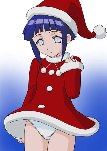 okiyumi kase, hyuuga hinata, naruto (classic), naruto (series), lowres, 1girl, blue hair, christmas, crotch seam, female focus, gradient background, hat, loli, panties, pantyshot, santa costume, santa hat, short hair, solo, underwear
