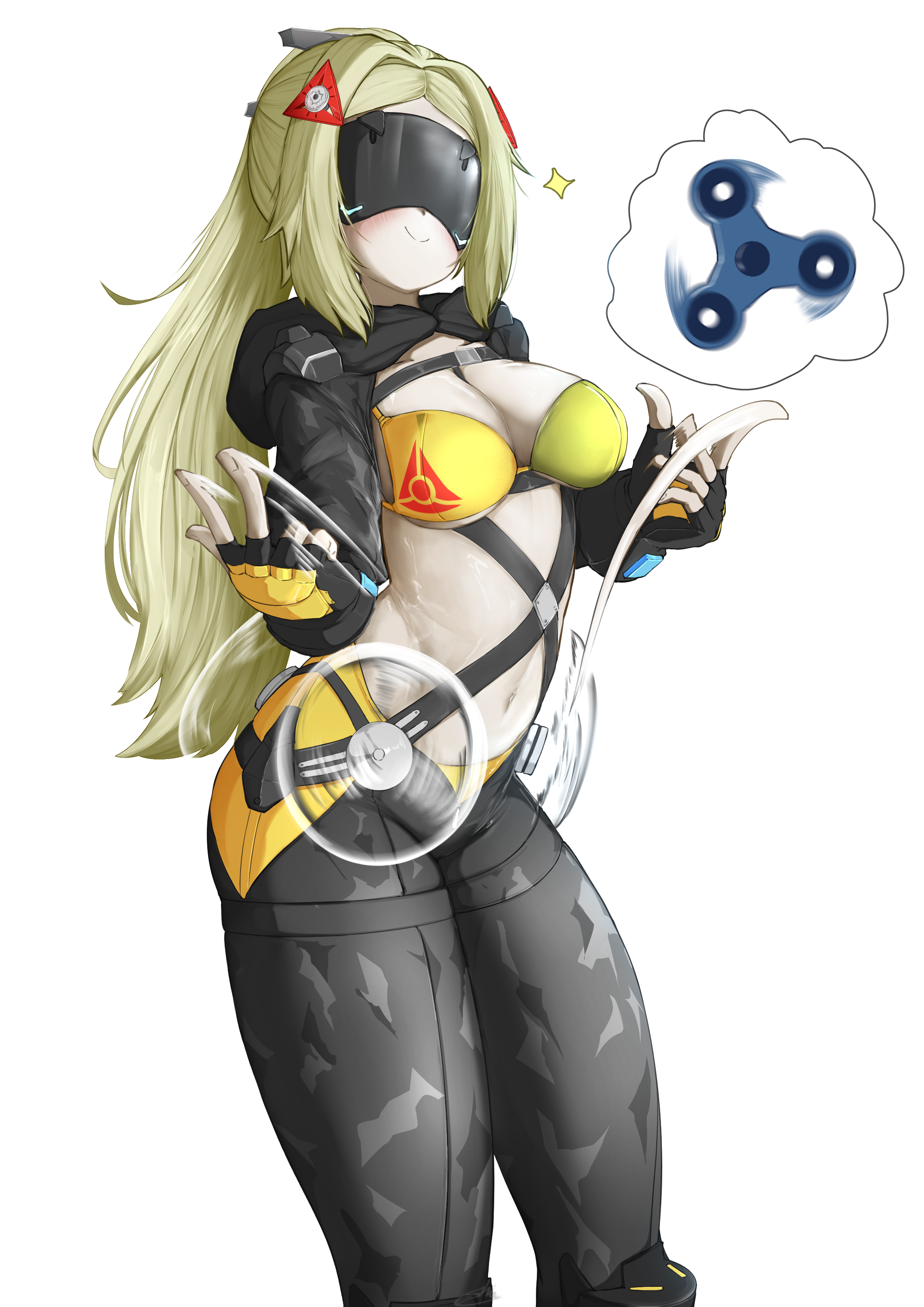itanase, trigger (zenless zone zero), zenless zone zero, absurdres, commentary, highres, 1girl, bikini, bikini top only, black gloves, black pants, black shrug, blindfold, blonde hair, blush, breasts, camouflage, camouflage jacket, camouflage pants, cleavage, closed mouth, covered eyes, cowboy shot, eye mask, fidget spinner, fingerless gloves, gloves, hair ornament, jacket, large breasts, long hair, navel, pants, parted bangs, ponytail, shrug (clothing), sidelocks, smile, solo, sparkle, spinning, standing, stomach, swimsuit, tight clothes, tight pants, triangle hair ornament, yellow bikini