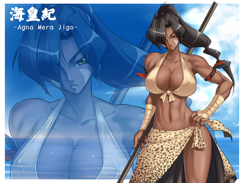 kagami hirotaka, agna mera jigo, kaiouki, 1girl, abs, animal print, armband, bandages, bikini, black hair, breasts, bridal gauntlets, character name, cleavage, cloud, copyright name, covered erect nipples, cowboy shot, dark-skinned female, dark skin, day, facepaint, facial mark, female focus, front-tie top, frown, groin, hair over one eye, hand on own hip, holding, large breasts, leopard print, long hair, looking at viewer, lowleg, lowleg bikini, muscular, navel, ocean, orange eyes, outdoors, ponytail, sarong, scrunchie, sky, solo, staff, standing, swimsuit, toned, water, wavy hair, weapon, wide hips, yellow bikini, zoom layer