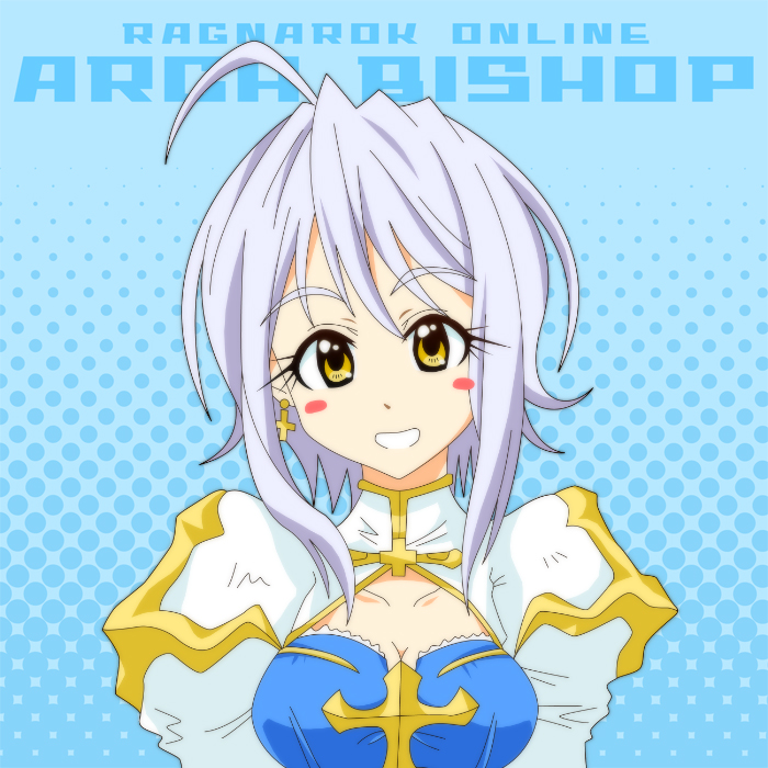 saaki (sa-ki), arch bishop (ragnarok online), ragnarok online, commentary request, 1girl, ahoge, blue background, blue dress, blush stickers, breasts, character name, cleavage, cleavage cutout, clothing cutout, copyright name, cross, dress, grin, juliet sleeves, long sleeves, looking at viewer, medium breasts, medium hair, polka dot, polka dot background, puffy sleeves, smile, solo, two-tone dress, upper body, white dress, yellow eyes