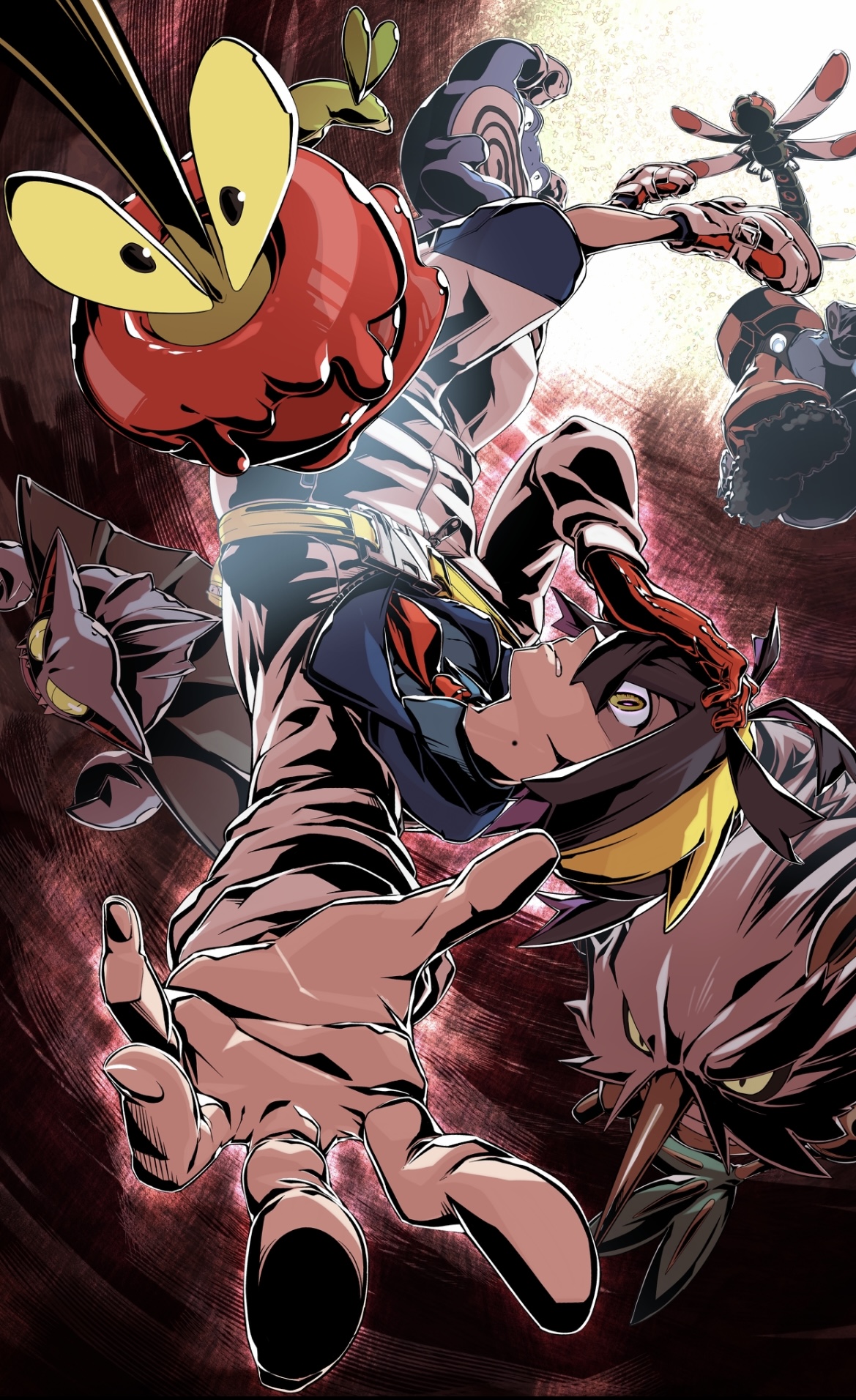 kakashino kakato, dipplin, gliscor, kieran (pokemon), poliwrath, probopass, shiftry, yanmega, nintendo, pokemon, pokemon sv, commentary request, highres, 1boy, black hair, blueberry academy school uniform, falling, gen 1 pokemon, gen 3 pokemon, gen 4 pokemon, gloves, hair between eyes, hairband, hand on own face, jacket, long sleeves, male focus, mole, mole on neck, multicolored hair, necktie, open mouth, pants, pointy nose, pokemon (creature), purple hair, reaching, reaching towards viewer, red gloves, red necktie, school uniform, sharp teeth, shirt, shoes, single glove, teeth, two-tone hair, white shoes, yellow eyes, yellow hairband