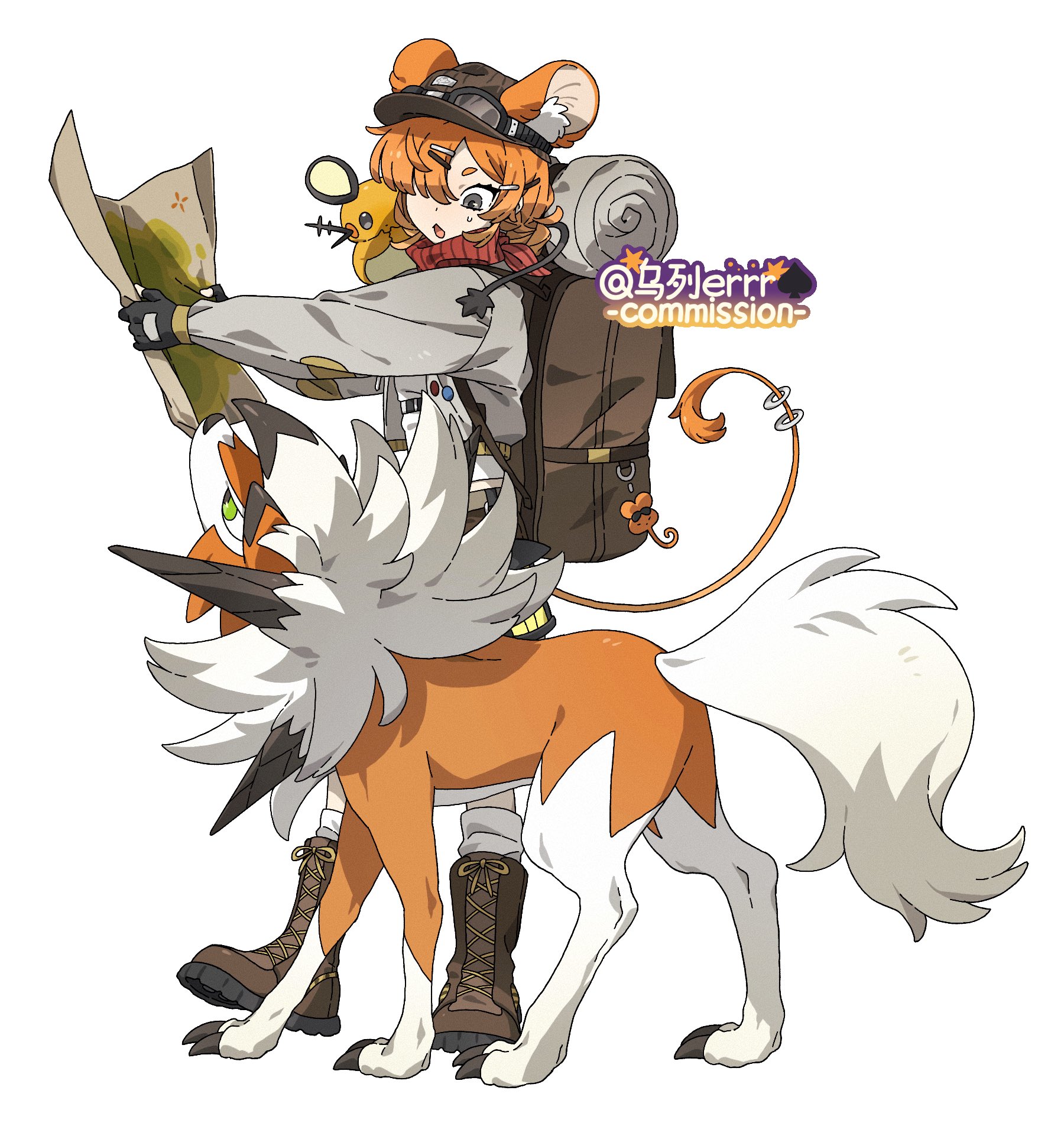 wulie errr, dedenne, lycanroc, lycanroc (dusk), nintendo, pokemon, highres, animal ears, animal hands, backpack, bag, boots, brown boots, brown hat, claws, full body, gen 6 pokemon, gen 7 pokemon, green eyes, grey eyes, grey jacket, hair ornament, hair over one eye, hairclip, hat, holding, holding map, jacket, looking at another, map, mouse ears, mouse girl, mouse tail, on shoulder, open mouth, orange fur, orange hair, pokemon (creature), pokemon on shoulder, red scarf, scarf, shirt, simple background, socks, standing, tail, whiskers, white background, white fur, white shirt, white socks, wolf