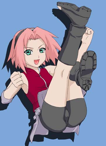 okiyumi kase, haruno sakura, naruto (classic), naruto (series), naruto shippuuden, black footwear, toeless footwear, lowres, 1girl, arm up, arm warmers, ass, bare shoulders, bike shorts, blue background, boots, clenched hand, female focus, flat chest, full body, green eyes, grey skirt, headband, headdress, knee boots, kneepits, legs up, looking at viewer, miniskirt, open mouth, pink hair, red shirt, shirt, shoes, short hair, shorts, shorts under skirt, side slit, simple background, skin tight, skirt, sleeveless, sleeveless shirt, smile, solo, spandex