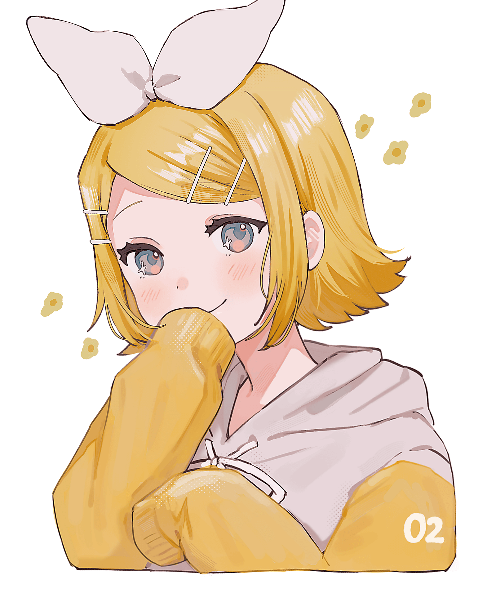 onemubot, kagamine rin, vocaloid, highres, 1girl, blonde hair, blush, bow, covering own mouth, cropped torso, drawstring, grey eyes, grey hoodie, hair bow, hand over own mouth, hood, hoodie, looking at viewer, multiple hair clips, portrait, short hair, sidelocks, simple background, sleeves past fingers, sleeves past wrists, smile, solo, tied drawstring, two-tone hoodie, white background, white bow, yellow sleeves