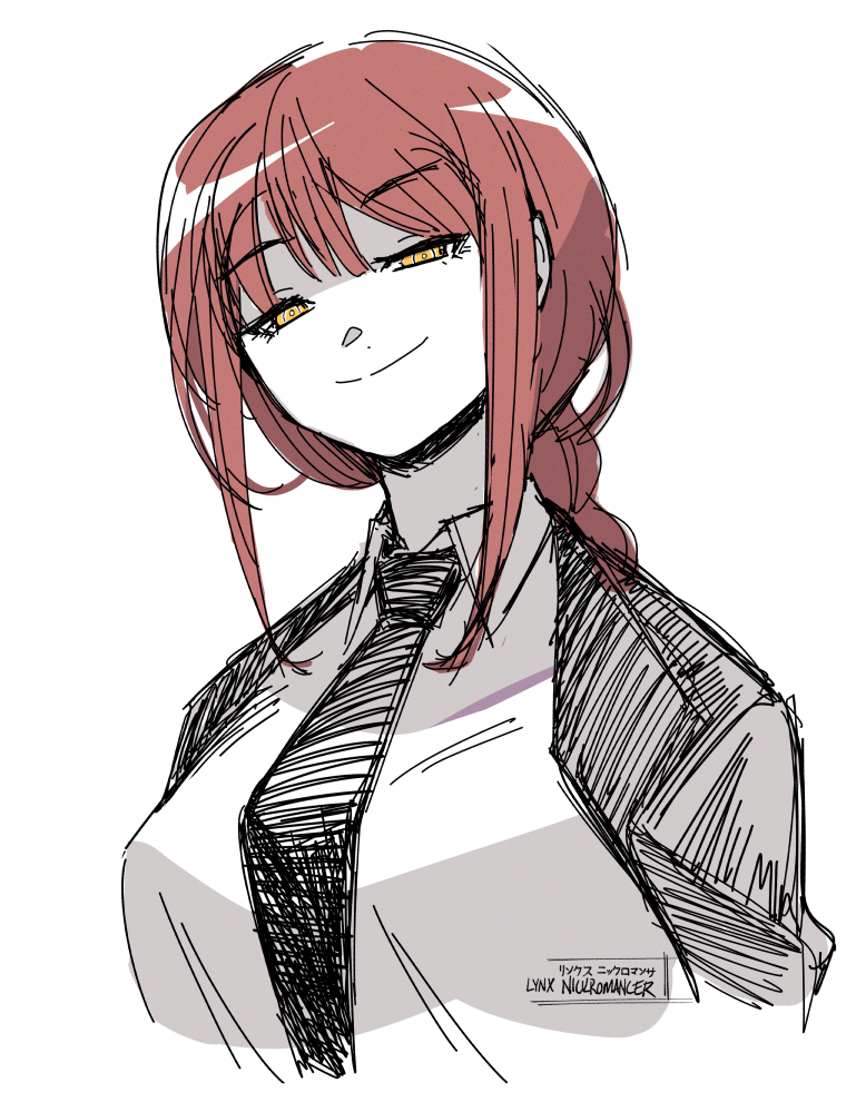 cheesecakes by lynx, makima (chainsaw man), chainsaw man, 1girl, black jacket, black necktie, collared shirt, jacket, long hair, necktie, red hair, shirt, sidelocks, simple background, smile, solo, white background, yellow eyes
