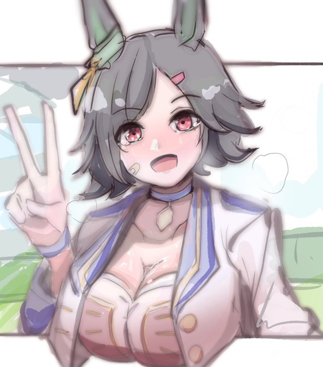 kawamochi (tddm3573), winning ticket (umamusume), umamusume, 1girl, :d, animal ears, bandaid, bandaid on cheek, bandaid on face, black hair, blue choker, blue sky, breasts, choker, cleavage, collarbone, cropped jacket, day, hair ornament, hairclip, hand up, heavy breathing, horse ears, jacket, large breasts, looking at viewer, open clothes, open jacket, open mouth, red eyes, sky, smile, solo, starting future (umamusume), sweat, swept bangs, upper body, v, white jacket