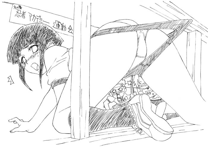 okiyumi kase, haruno sakura, hyuuga hinata, uzumaki naruto, naruto (classic), naruto (series), 1boy, 2girls, all fours, ass, blush, buruma, greyscale, gym uniform, monochrome, multiple girls, panties, underwear