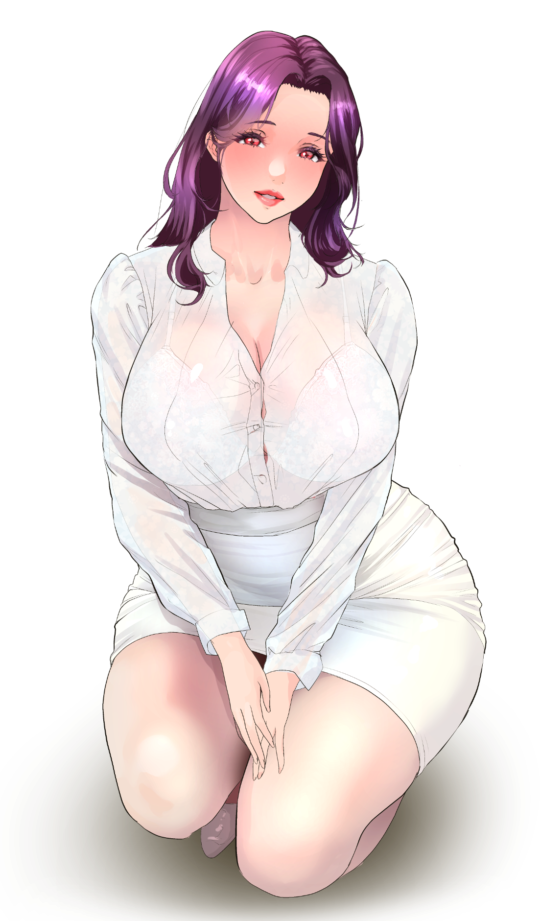 circle monshiro, yoshiko (oba ni kogarete), oba ni kogarete, original, commentary, highres, 1girl, 2025, blush, breasts, cleavage, collarbone, cuffs, hair over shoulder, huge breasts, long sleeves, medium hair, own hands clasped, parted bangs, parted lips, purple hair, red eyes, red lips, shadow, shirt, simple background, skirt, squatting, teeth, thick thighs, thighs, white background, white shirt, white skirt