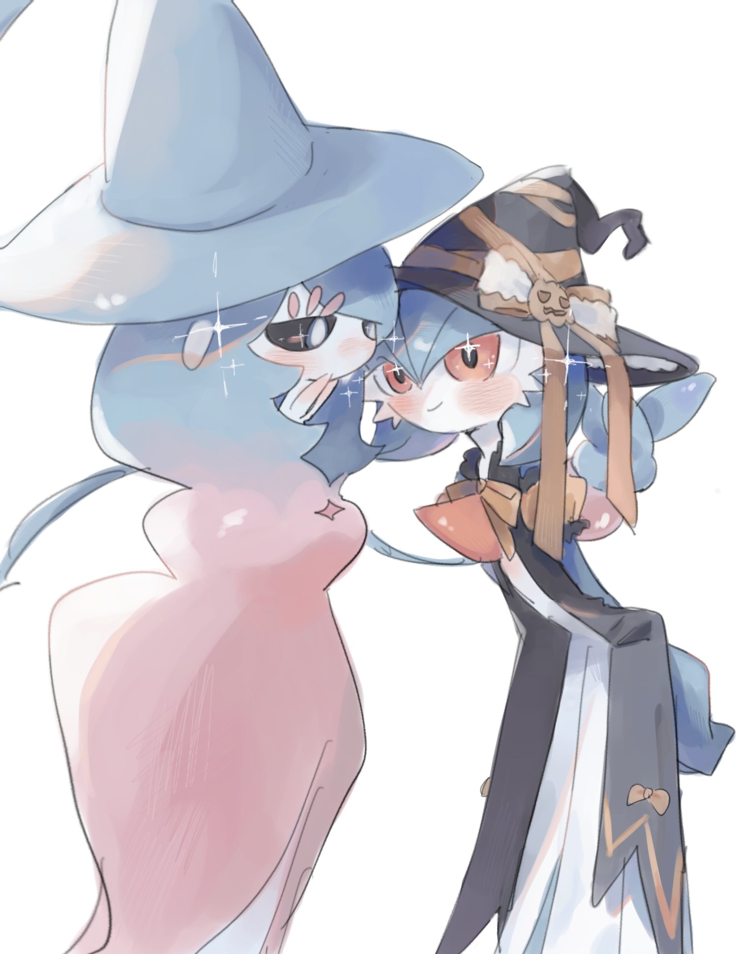 mame (nanase pk), gardevoir, hatterene, nintendo, pokemon, highres, 2others, alternate color, black scarf, black sclera, blush, closed mouth, clothed pokemon, colored sclera, colored skin, gen 3 pokemon, gen 8 pokemon, hair over one eye, hat, multiple others, pokemon (creature), pokemon focus, red eyes, scarf, shiny pokemon, smile, white skin, witch hat