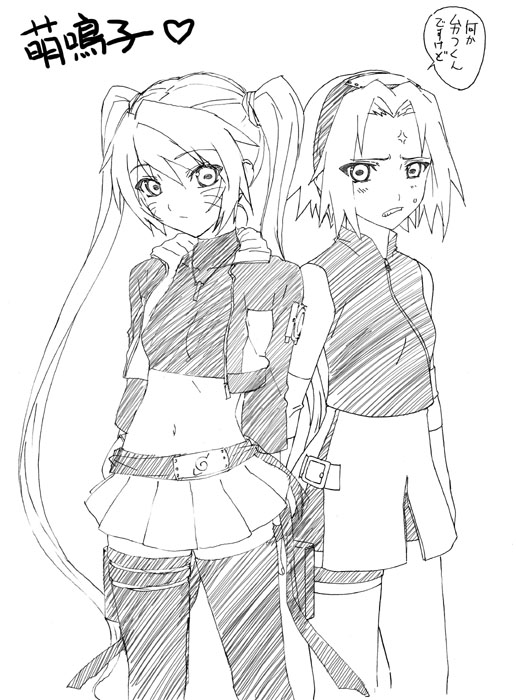 okiyumi kase, haruno sakura, naruko (naruto), uzumaki naruto, naruto (classic), naruto (series), naruto shippuuden, translated, 2girls, anger vein, angry, annoyed, belt, belt buckle, bike shorts, blush, breast envy, breasts, buckle, chinese clothes, clenched teeth, closed mouth, expressionless, facial mark, facing viewer, genderswap, genderswap (mtf), greyscale, hair ornament, hair tie, hairband, heart, holster, jacket, japanese text, jewelry, konohagakure symbol, long hair, long sleeves, looking at viewer, medium breasts, midriff, miniskirt, monochrome, multiple girls, navel, necklace, ninja, open clothes, open jacket, open vest, parted lips, shirt, short hair, shorts, skindentation, skirt, sleeveless, sleeveless shirt, small breasts, speech bubble, standing, talking, teeth, thigh holster, thigh strap, thighhighs, twintails, very long hair, vest, whisker markings, whiskers, zettai ryouiki, zipper, zipper pull tab