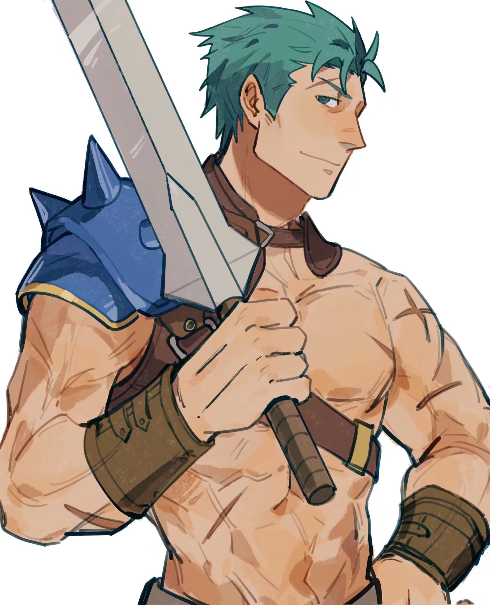 shuai da, dieck (fire emblem), fire emblem, fire emblem: the binding blade, nintendo, highres, 1boy, aqua eyes, aqua hair, armor, bara, bare pectorals, closed mouth, holding, holding sword, holding weapon, male focus, multiple scars, muscular, muscular male, no nipples, pauldrons, pectorals, scar, scar across eyebrow, scar on face, short hair, shoulder armor, simple background, single pauldron, solo, sword, upper body, weapon, white background