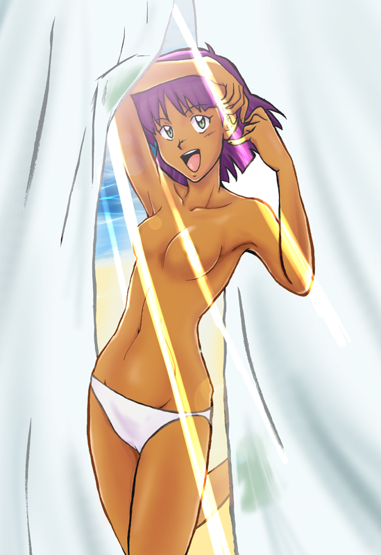 kys, sahara wataru, nadia la arwall, fushigi no umi no nadia, 1990s (style), 1girl, arms up, beach, breasts, censored, convenient censoring, curtains, dark-skinned female, dark skin, female focus, green eyes, light rays, ocean, panties, purple hair, retro artstyle, short hair, smile, solo, sunbeam, sunlight, topfreedom, topless female, underwear, underwear only
