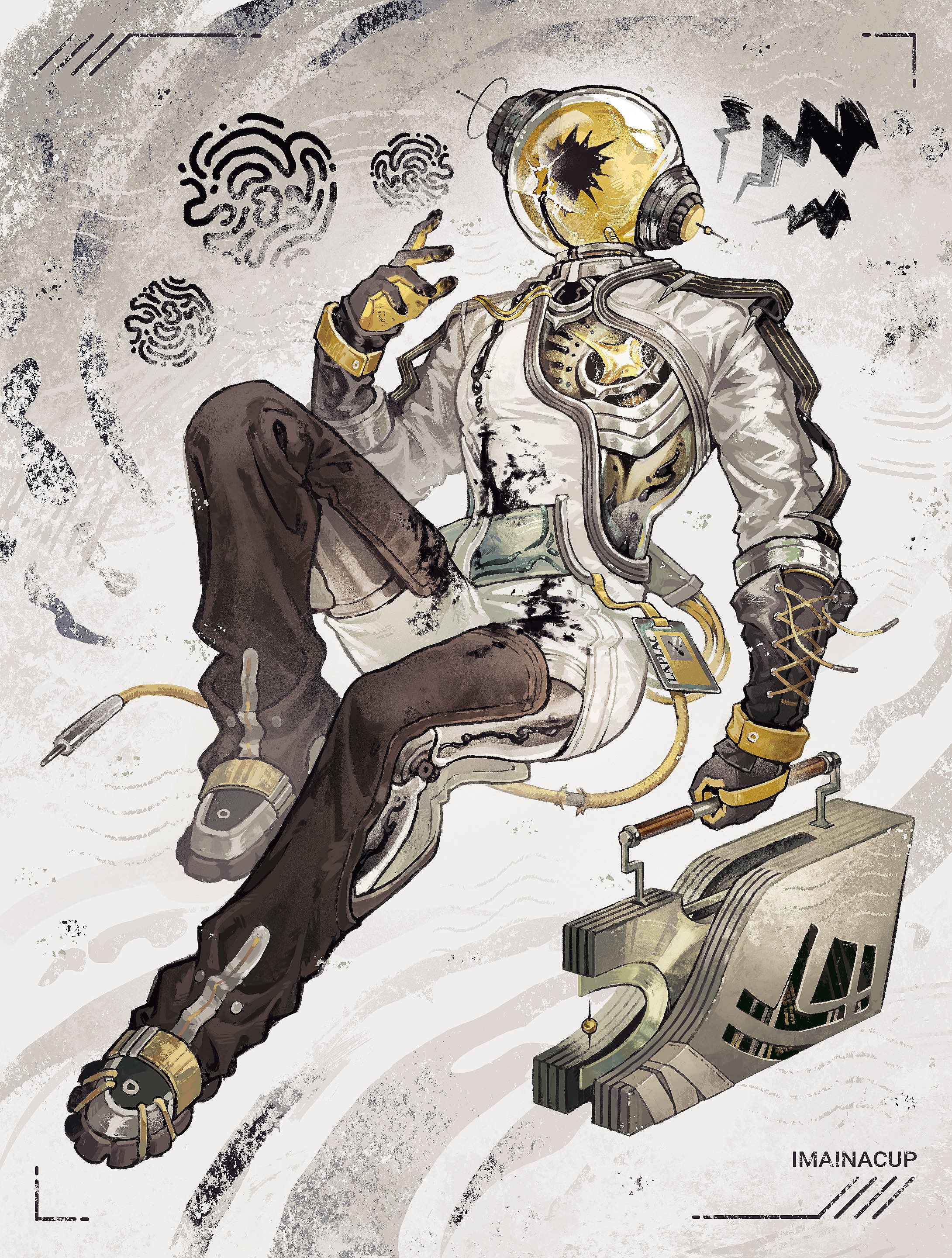 imainacup, ulrich (reverse:1999), reverse:1999, absurdres, highres, 1boy, black boots, black gloves, boots, broken helmet, ferrofluid, fishbowl helmet, full body, gloves, grey background, hand up, holding, holding suitcase, jumpsuit, knee up, male focus, object head, shout lines, sitting, solo, suitcase, thigh boots, white jumpsuit