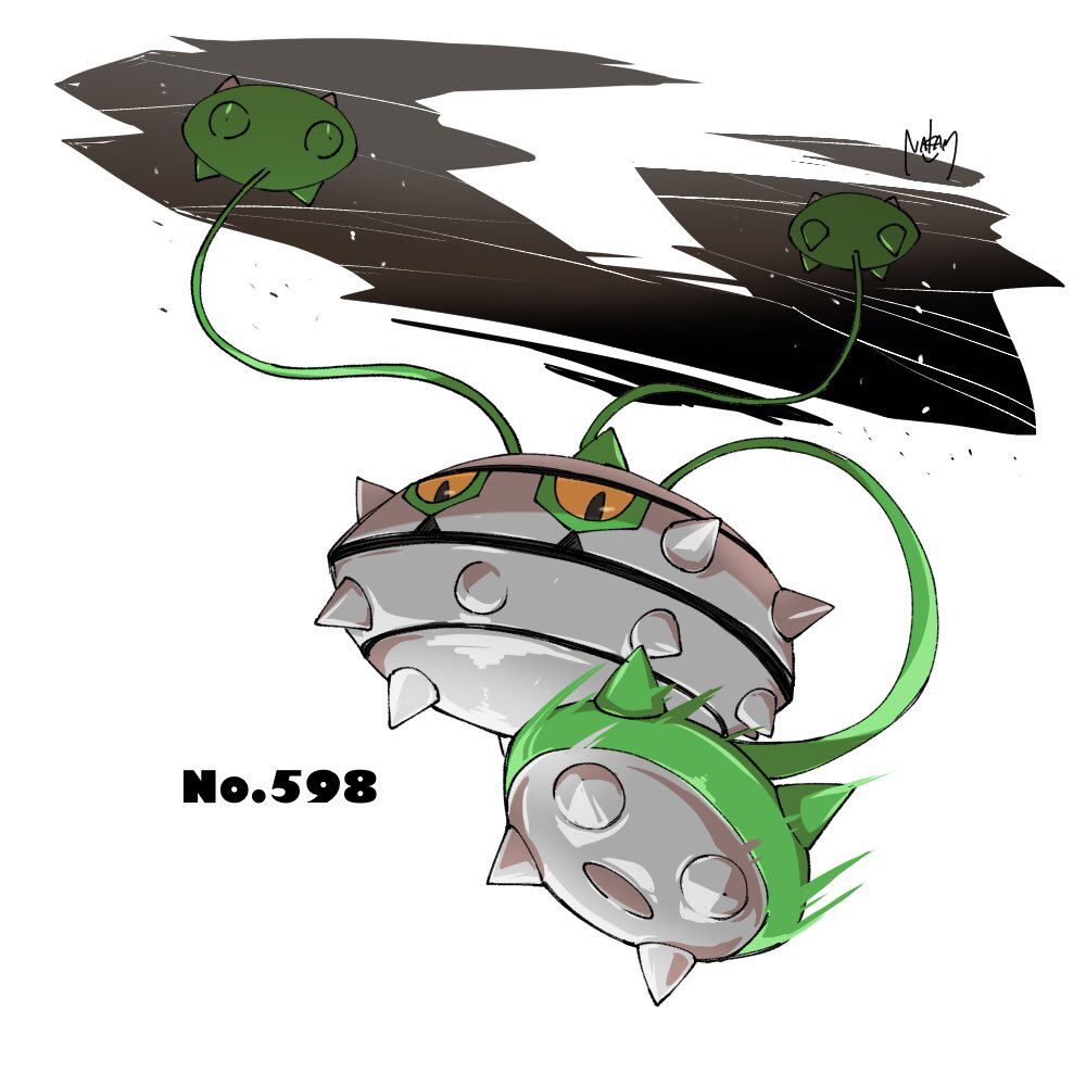 nakamu (nkm8gotsugotsu), ferrothorn, nintendo, pokemon, commentary request, full body, gen 5 pokemon, no humans, pokedex number, pokemon (creature), pokemon focus, signature, simple background, solo, spikes, white background