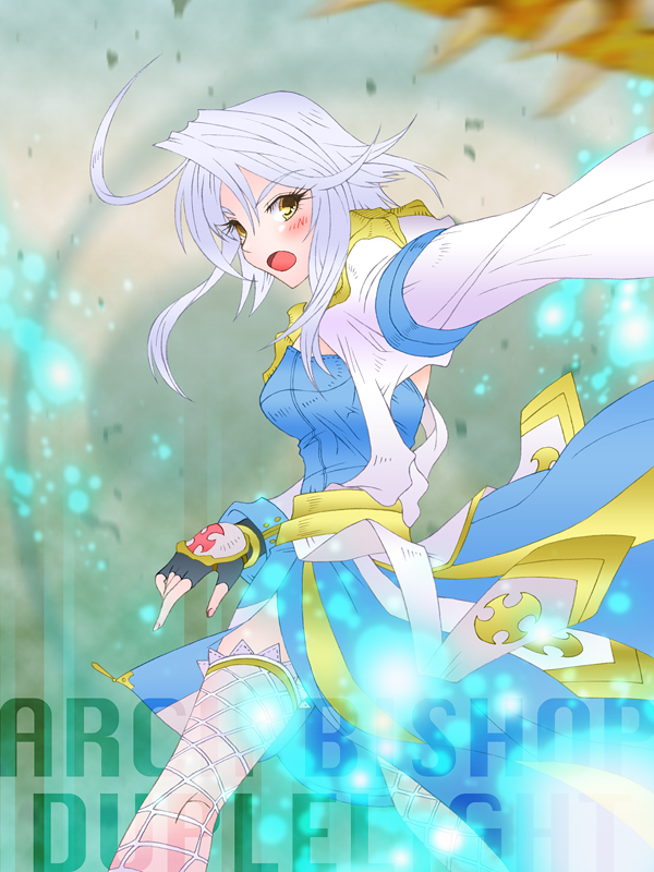 saaki (sa-ki), arch bishop (ragnarok online), ragnarok online, commentary request, 1girl, ahoge, black gloves, blue dress, blush, breasts, character name, cowboy shot, cross, dress, fingerless gloves, fishnet thighhighs, fishnets, gloves, grey hair, long sleeves, magic, medium breasts, medium hair, open mouth, sash, solo, thighhighs, two-tone dress, white dress, white thighhighs, yellow eyes, yellow sash