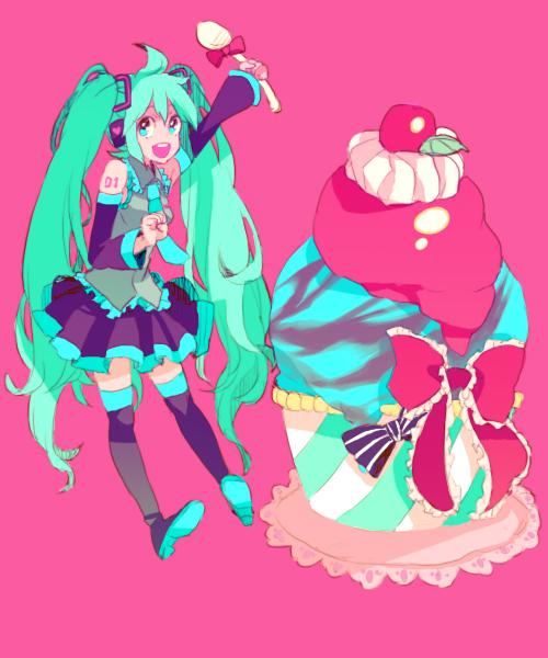 dada, dada (dolce), hatsune miku, vocaloid, bad id, bad pixiv id, 1girl, female focus, food, green eyes, green hair, ice cream, long hair, matching hair/eyes, solo, thighhighs, twintails