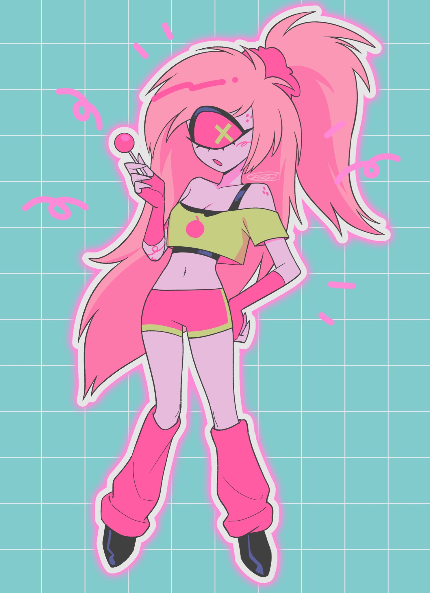 menma (enaic31), cherri bomb, hazbin hotel, hellaverse, commentary request, highres, 1girl, :o, antenna hair, aqua background, bare shoulders, black camisole, black shoes, breasts, camisole, candy, cleavage, colored sclera, crop top, cropped shirt, cyclops, elbow gloves, fewer digits, fingerless gloves, food, full body, gloves, grid background, hair ornament, hair scrunchie, hand on own hip, high ponytail, holding, holding candy, holding food, holding lollipop, kneehighs, lollipop, long hair, looking at viewer, loose socks, midriff, navel, off-shoulder shirt, off shoulder, one-eyed, open mouth, outline, pink gloves, pink hair, pink sclera, pink scrunchie, pink shorts, pink socks, ponytail, scrunchie, shirt, shoes, short shorts, short sleeves, shorts, signature, simple background, small breasts, socks, solo, standing, swept bangs, very long hair, white outline, yellow eyes, yellow shirt