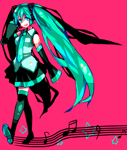 dada, dada (dolce), hatsune miku, vocaloid, bad id, bad pixiv id, 1girl, female focus, green eyes, green hair, long hair, matching hair/eyes, musical note, solo, thighhighs