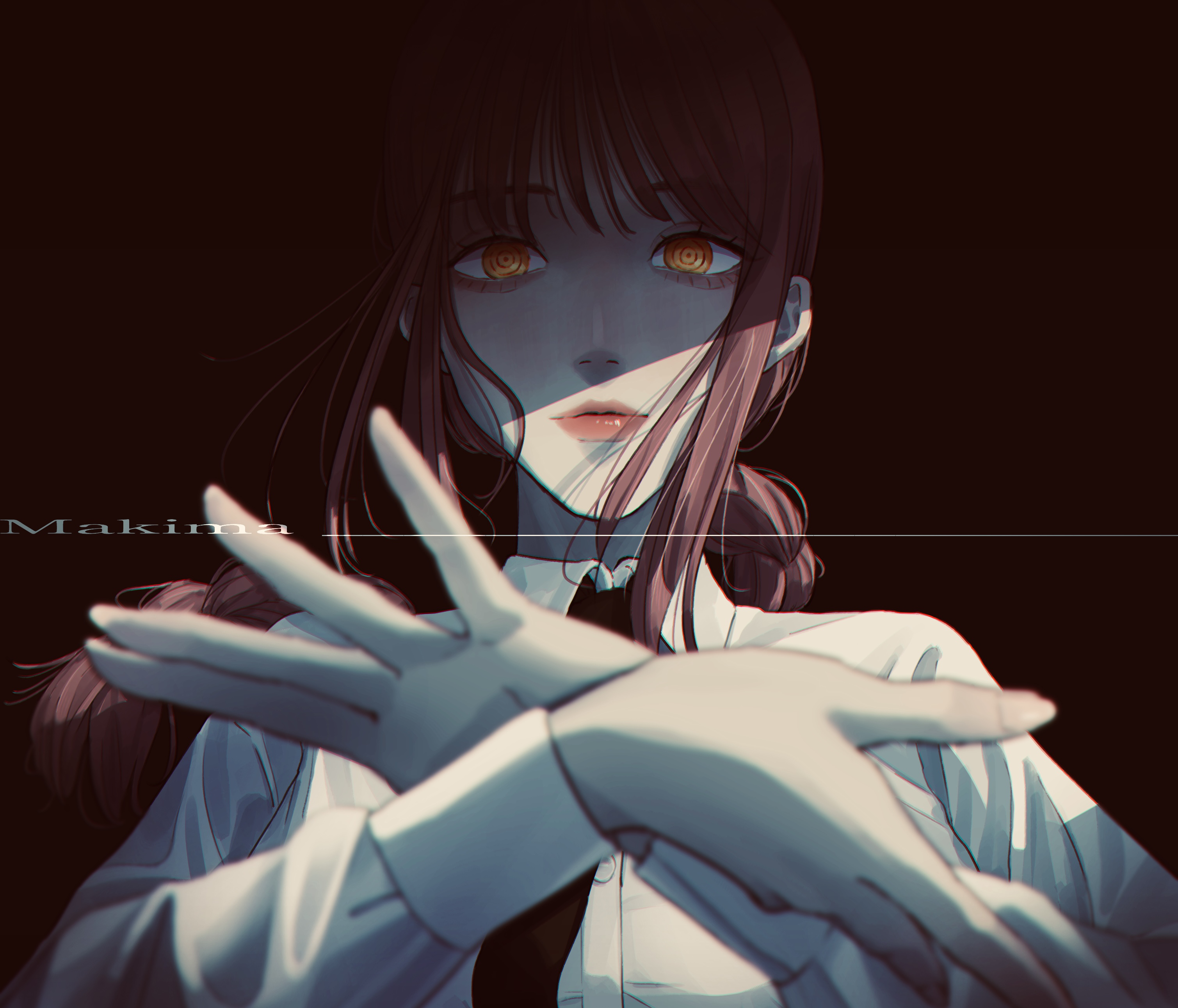makima (chainsaw man), chainsaw man, absurdres, commentary request, highres, 1girl, black background, black necktie, braid, braided ponytail, collared shirt, long hair, looking at viewer, necktie, red hair, ringed eyes, shirt, shisei 121, sidelocks, solo, white shirt, yellow eyes