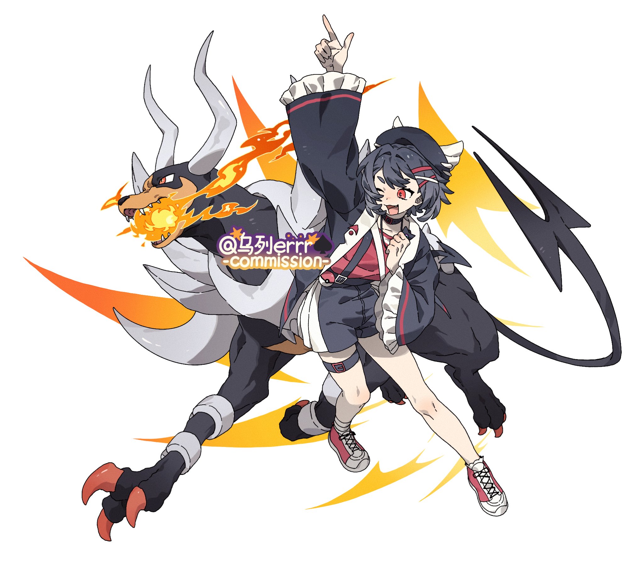 wulie errr, houndoom, mega houndoom, nintendo, pokemon, highres, 1girl, black choker, black fur, black hat, black jacket, black shorts, choker, claws, dog, fang, fangs, fire, frilled sleeves, frills, full body, gen 2 pokemon, hair ornament, hairclip, hat, head wings, horns, jacket, looking at viewer, mega pokemon, one eye closed, open mouth, orange fur, pink shirt, pink shoes, poke ball, poke ball (basic), pokemon (creature), red eyes, shirt, shoes, shorts, simple background, standing, suspenders, white background, wings
