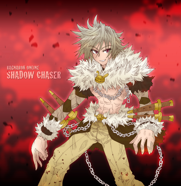 saaki (sa-ki), shadow chaser (ragnarok online), ragnarok online, commentary request, 1boy, abs, brown cape, brown hair, cape, chain, character name, copyright name, feet out of frame, fur collar, grin, long sleeves, looking at viewer, male focus, red background, red eyes, short hair, shrug (clothing), smile, solo, waist cape