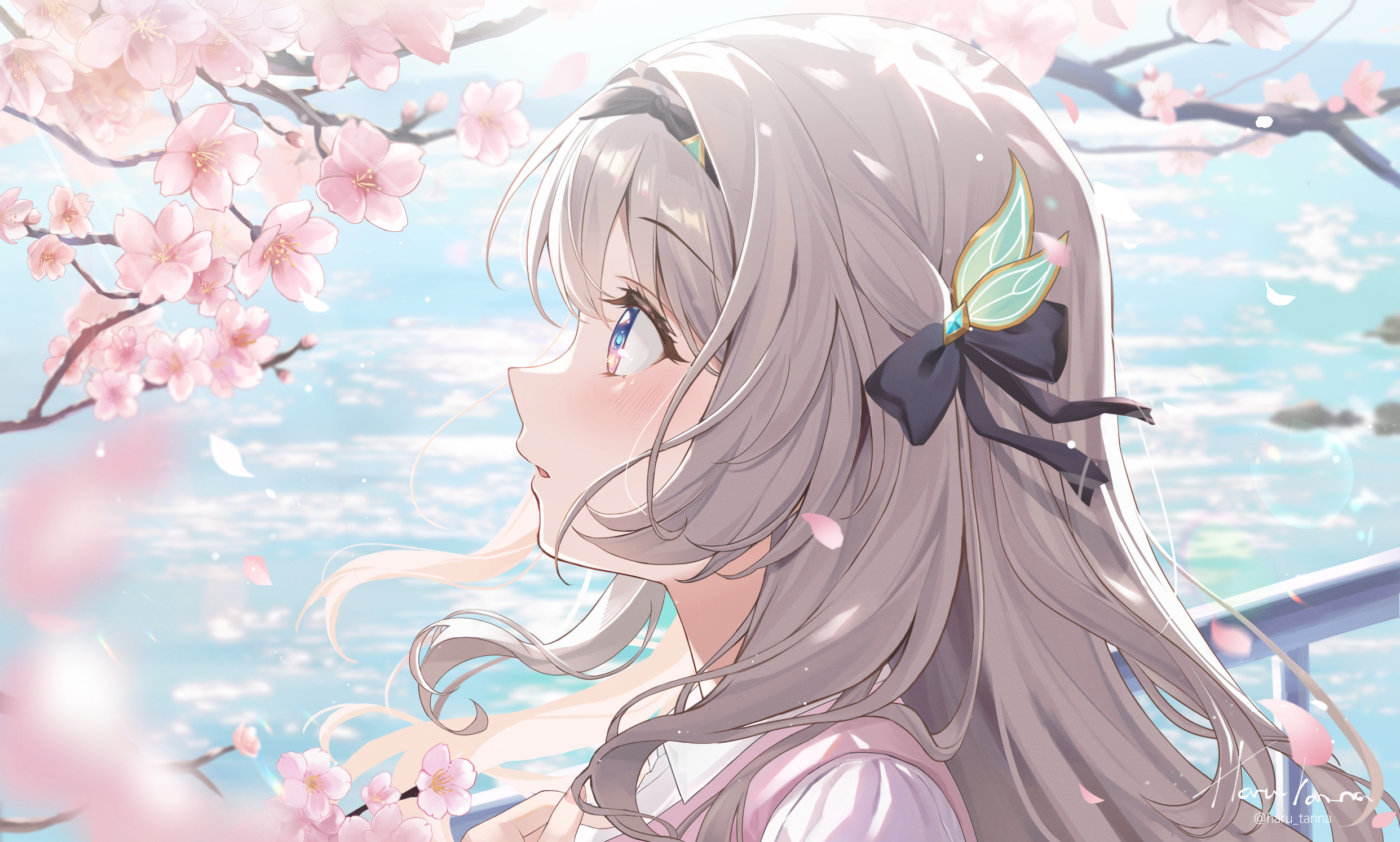 harukix, firefly (honkai: star rail), honkai: star rail, honkai (series), commentary, english commentary, highres, 1girl, aqua pupils, black bow, black hairband, blue eyes, blurry, blurry foreground, bow, cherry blossoms, from side, hair bow, hairband, long hair, looking ahead, outdoors, parted lips, portrait, profile, signature, solo, wind