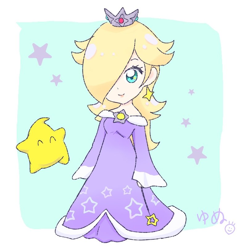 yyouauo33, luma (mario), rosalina, mario (series), nintendo, super smash bros., 1girl, blonde hair, blue eyes, brooch, chibi, chibi only, closed mouth, crown, dress, earrings, full body, hair over one eye, holding, holding wand, jewelry, long sleeves, looking at viewer, official alternate color, purple dress, sleeves past wrists, smile, star (symbol), star brooch, star earrings, star print, wand