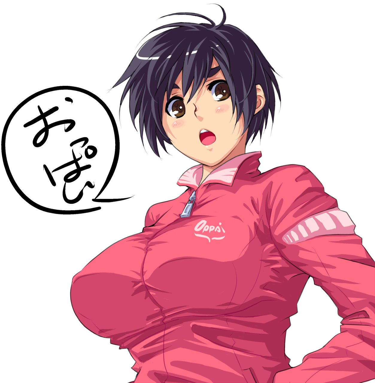 sanemichi hajime, original, highres, 1girl, black hair, breasts, brown eyes, female focus, large breasts, short hair, solo