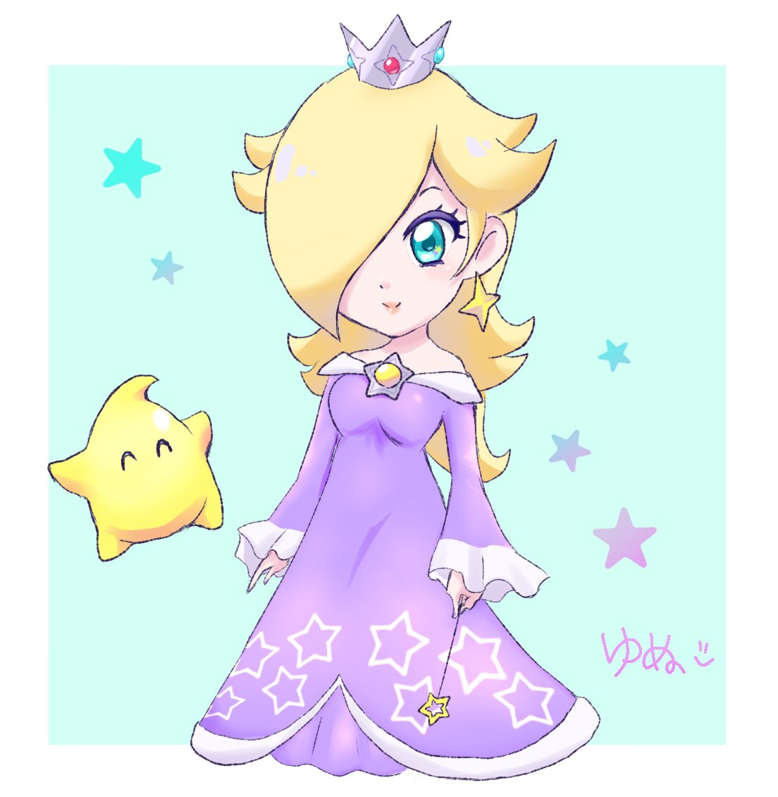 yyouauo33, luma (mario), rosalina, mario (series), nintendo, super smash bros., redrawn, 1girl, blonde hair, blue eyes, brooch, chibi, chibi only, closed mouth, crown, dress, earrings, full body, hair over one eye, holding, holding wand, jewelry, long sleeves, looking at viewer, official alternate color, purple dress, sleeves past wrists, smile, star (symbol), star brooch, star earrings, star print, wand