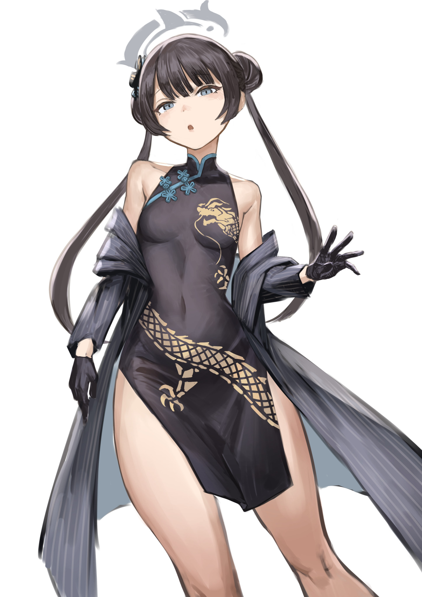 daisuke 6897, kisaki (blue archive), blue archive, commentary, highres, 1girl, bare shoulders, black dress, black gloves, black hair, black jacket, braid, braided bun, breasts, butterfly hair ornament, china dress, chinese clothes, covered navel, double bun, dragon print, dress, gloves, grey eyes, grey halo, hair bun, hair ornament, halo, jacket, long hair, long sleeves, looking at viewer, mandarin collar, open clothes, open jacket, open mouth, pelvic curtain, pinstripe jacket, pinstripe pattern, simple background, sleeveless, sleeveless dress, small breasts, solo, striped clothes, striped jacket, twintails, vertical-striped clothes, vertical-striped jacket, white background