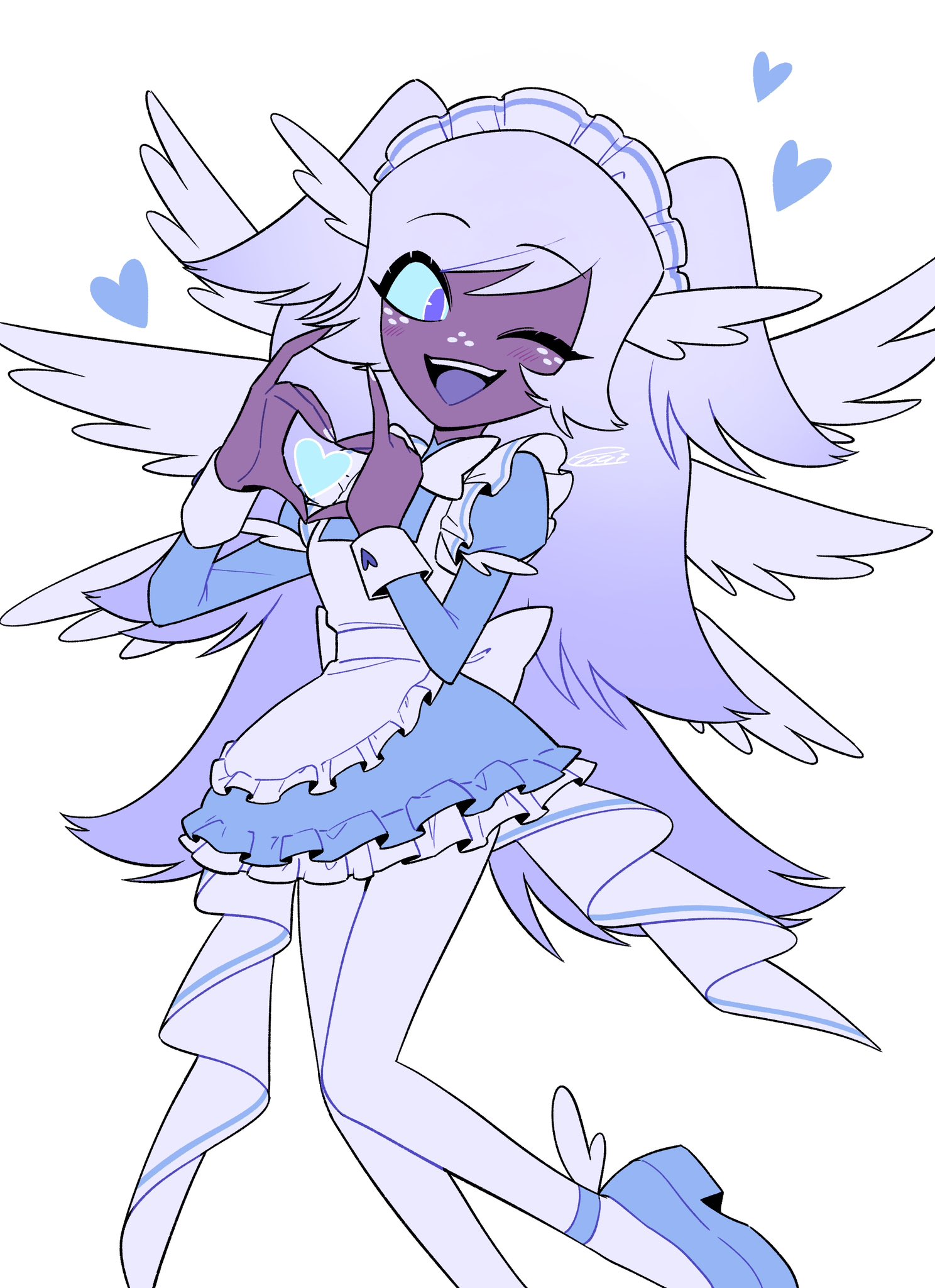 menma (enaic31), emily (hazbin hotel), hazbin hotel, hellaverse, commentary request, highres, 1girl, ;d, alternate costume, apron, back bow, blue dress, blue sclera, blue shoes, bow, breasts, colored sclera, colored tongue, dark-skinned female, dark skin, dress, enmaided, flipped hair, foot out of frame, freckles, frilled apron, frilled dress, frills, gradient hair, grey hair, hair between eyes, hands up, headdress, heart, heart hands, heart in heart hands, juliet sleeves, knees together feet apart, long hair, long sleeves, looking at viewer, low wings, maid, maid apron, maid headdress, multicolored hair, multiple wings, nail polish, one eye closed, open mouth, pantyhose, petticoat, pinky out, puffy sleeves, purple eyes, purple hair, purple tongue, shoes, short dress, signature, simple background, sleeve cuffs, small breasts, smile, solo, teeth, tongue, two-tone hair, two side up, upper teeth only, very long hair, white apron, white background, white bow, white headdress, white nails, white pantyhose, white wings, wings