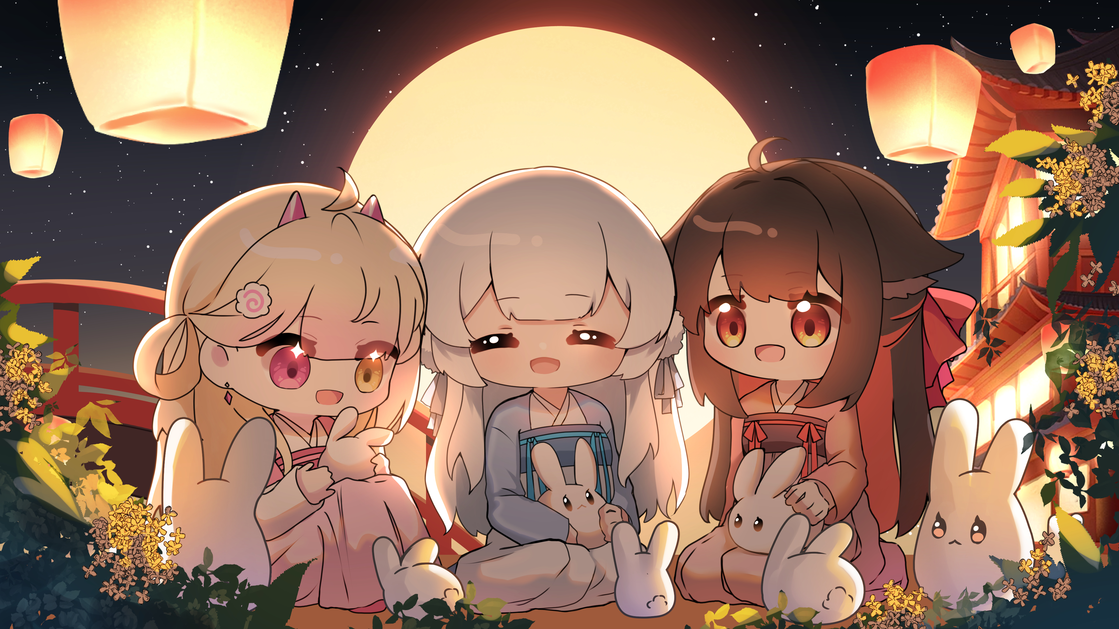 kaien v, original, absurdres, highres, 1girl, 3girls, :d, ahoge, black hair, blonde hair, blue dress, bridge, bush, chibi, chinese clothes, closed eyes, dress, full moon, hair ribbon, hair rings, heterochromia, japanese clothes, kimono, lantern, leaf, long hair, moon, multiple girls, night, open mouth, pink dress, pink kimono, rabbit, red dress, red eyes, ribbon, sidelocks, sitting, smile, star (sky), white hair, yellow eyes