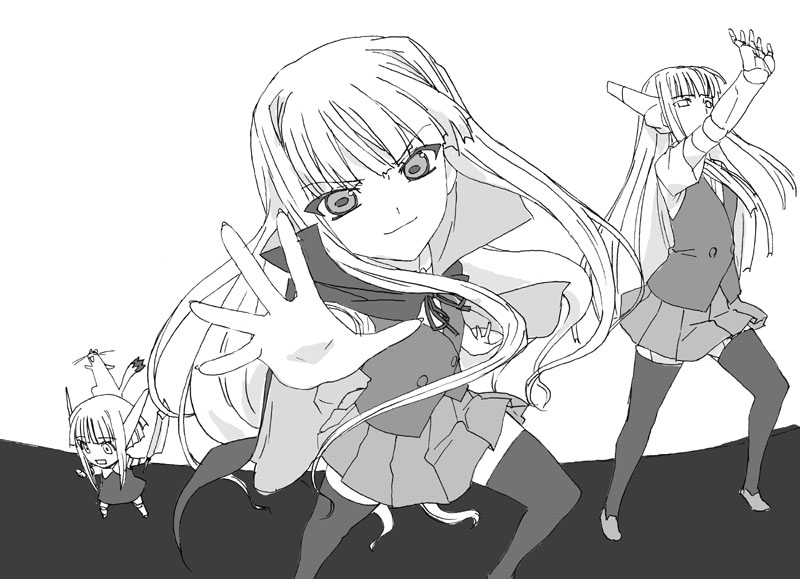 okiyumi kase, albert chamomille, chachazero, chamo, evangeline a.k. mcdowell, karakuri chachamaru, hare hare yukai, mahou sensei negima!, suzumiya haruhi no yuuutsu, 3girls, ermine, greyscale, monochrome, multiple girls, parody, robot ears, thighhighs, vampire, weasel
