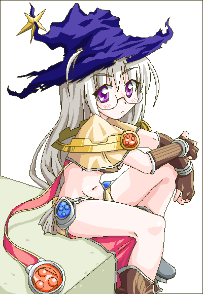 saaki (sa-ki), sage (ragnarok online), ragnarok online, commentary request, 1girl, blush, boots, brown boots, brown gloves, capelet, closed mouth, expressionless, fingerless gloves, full body, glasses, gloves, grey hair, hat, long hair, looking at viewer, navel, oekaki, pelvic curtain, purple eyes, purple hat, simple background, sitting, solo, star (symbol), white background, witch hat, yellow capelet