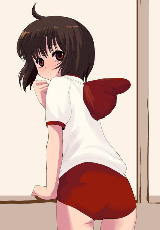 natori (natorism), original, 1girl, ahoge, back, blush, brown eyes, brown hair, buruma, female focus, gym uniform, looking back, short hair, solo, thigh gap, thighs