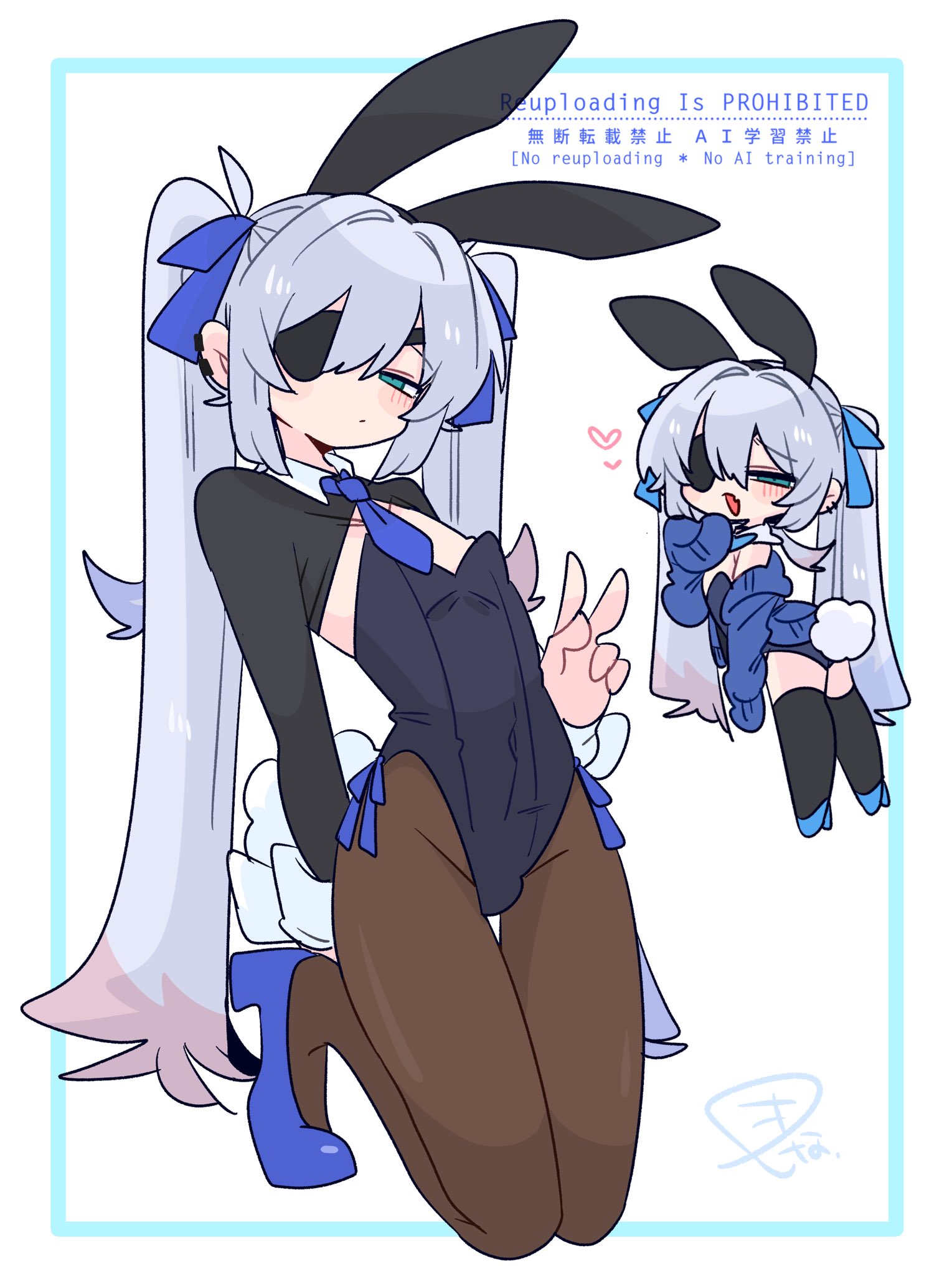 op na yarou, original, commentary, highres, 1boy, animal ear hairband, animal ears, black hairband, black leotard, black pantyhose, black shrug, blue bow, blue bowtie, blue eyes, blue hair, blue necktie, blue shoes, blush, bow, bowtie, bulge, chibi, collar, colored tips, covered navel, crossdressing, crossdressing (mtf), detached collar, earclip, expressionless, eyepatch, fake animal ears, fake tail, fang, flipped hair, from side, full body, hair between eyes, hair bow, hair intakes, hairband, hand up, heart, high heels, highleg, highleg leotard, kneeling, leotard, long hair, long sleeves, looking at viewer, male focus, male playboy bunny, multicolored hair, multiple views, narrowed eyes, necktie, no nose, one eye covered, open mouth, pantyhose, playboy bunny, quad tails, rabbit ear hairband, rabbit ears, rabbit tail, raised inner eyebrows, red hair, rigel (op na yarou), shoes, shrug (clothing), side-tie leotard, sidelocks, simple background, skin fang, sleeve cuffs, standing, straight hair, strapless, strapless leotard, tail, trap, v, very long hair, watermark, white background, white collar, white hair