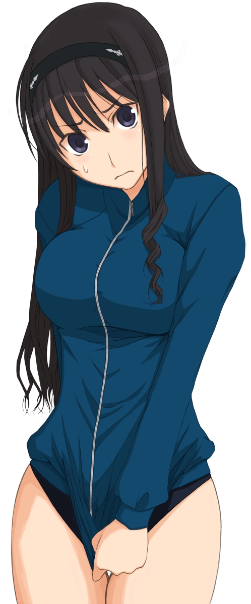 kamimiya, morishima haruka, amagami, highres, 1girl, black hair, blue eyes, breasts, buruma, covering crotch, covering privates, female focus, hairband, jacket, long hair, shirt tug, solo
