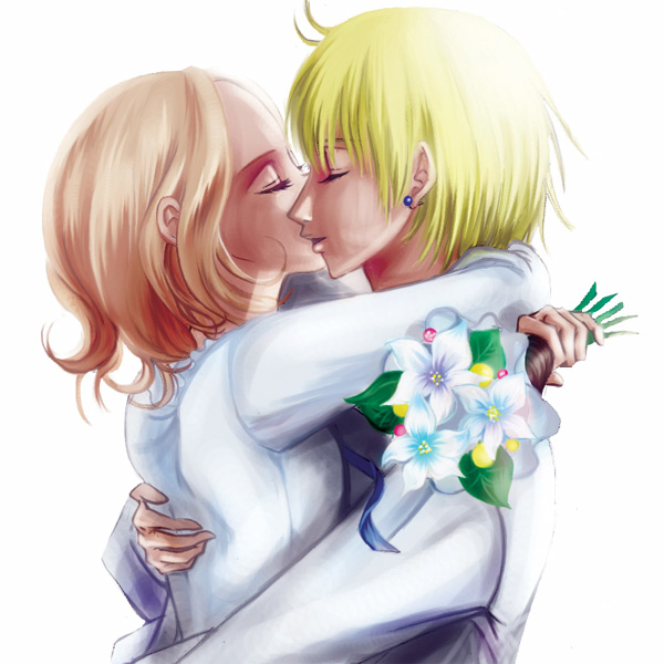 yattuke, cain highwind, rosa farrell, final fantasy, final fantasy iv, bad id, bad pixiv id, 1990s (style), blonde hair, bouquet, earrings, flower, jewelry, short hair