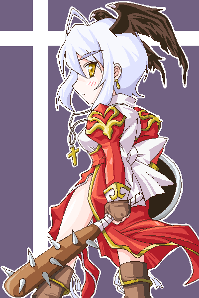 saaki (sa-ki), high priest (ragnarok online), ragnarok online, commentary request, 1girl, ahoge, back bow, baseball bat, boots, bow, brown boots, brown gloves, brown wings, closed mouth, cross, cross necklace, dress, expressionless, feet out of frame, fingerless gloves, gloves, head wings, holding, holding baseball bat, jewelry, juliet sleeves, long sleeves, looking at viewer, looking back, nail (hardware), nail bat, necklace, oekaki, puffy sleeves, purple background, red dress, solo, standing, white bow, white hair, wings, yellow eyes
