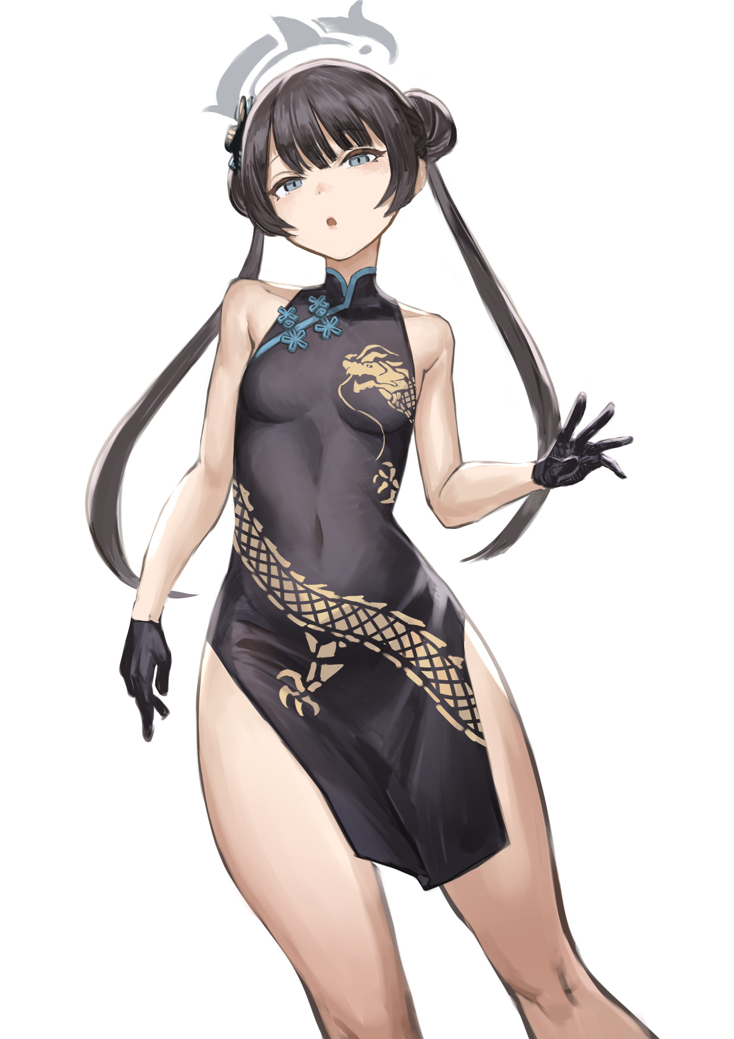 daisuke 6897, kisaki (blue archive), blue archive, commentary, highres, 1girl, bare shoulders, black dress, black gloves, black hair, braid, braided bun, breasts, butterfly hair ornament, china dress, chinese clothes, covered navel, double bun, dragon print, dress, gloves, grey eyes, grey halo, hair bun, hair ornament, halo, long hair, long sleeves, looking at viewer, mandarin collar, open mouth, pelvic curtain, simple background, sleeveless, sleeveless dress, small breasts, solo, twintails, white background