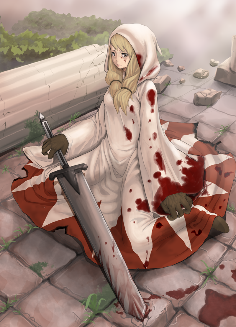 haniwa (leaf garden), haniwa (pixiv257811), white mage (fft), white mage (final fantasy), final fantasy, final fantasy tactics, white mage, 1girl, blonde hair, blood, female focus, hood, long hair, robe, ruins, solo, sword, weapon